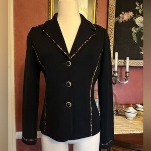St. John Collection Black knit Blazer with Silk Leopard Print Piping Size 6